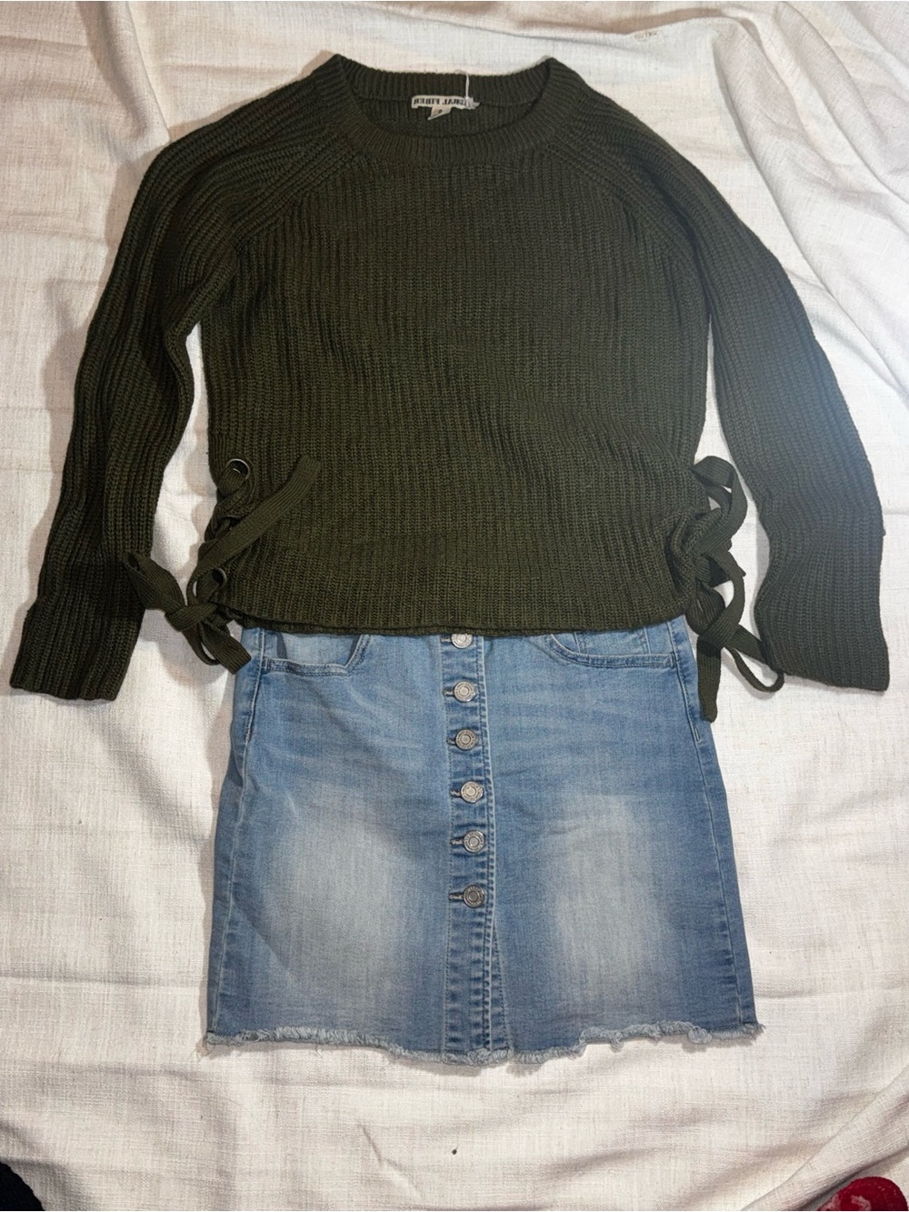 Indigo Rein Denim Mini Skirt- Olive Green Sweater